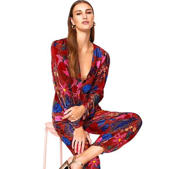 Farm Rio floral multicolour velvet boho hippie jumpsuit W S NWT - Picture 4 of 15